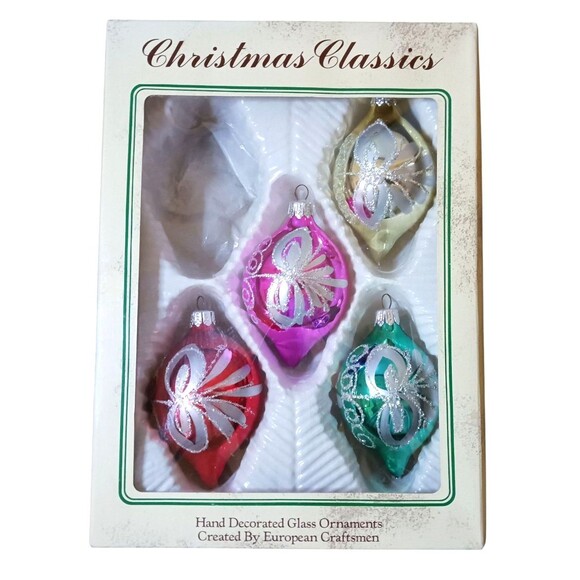 Vtg Christmas Classics Blown Glass Teardrop Ornaments Set Hand Decorated Romania - Picture 3 of 4